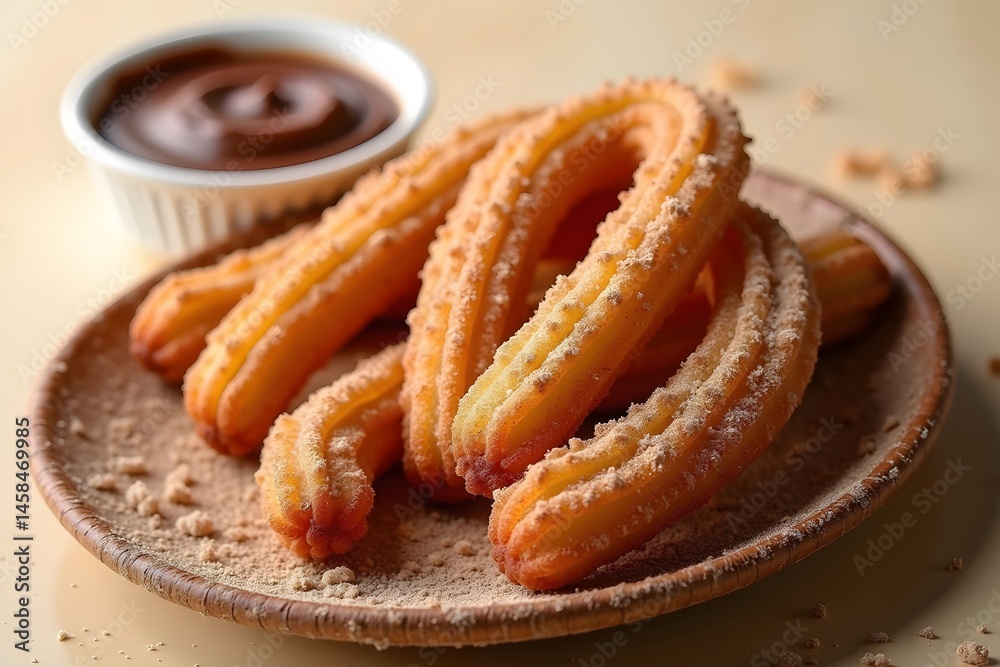 Fototapeta premium Delicious churros with cinnamon sugar and chocolate dip ready to be enjoyed on a plate
