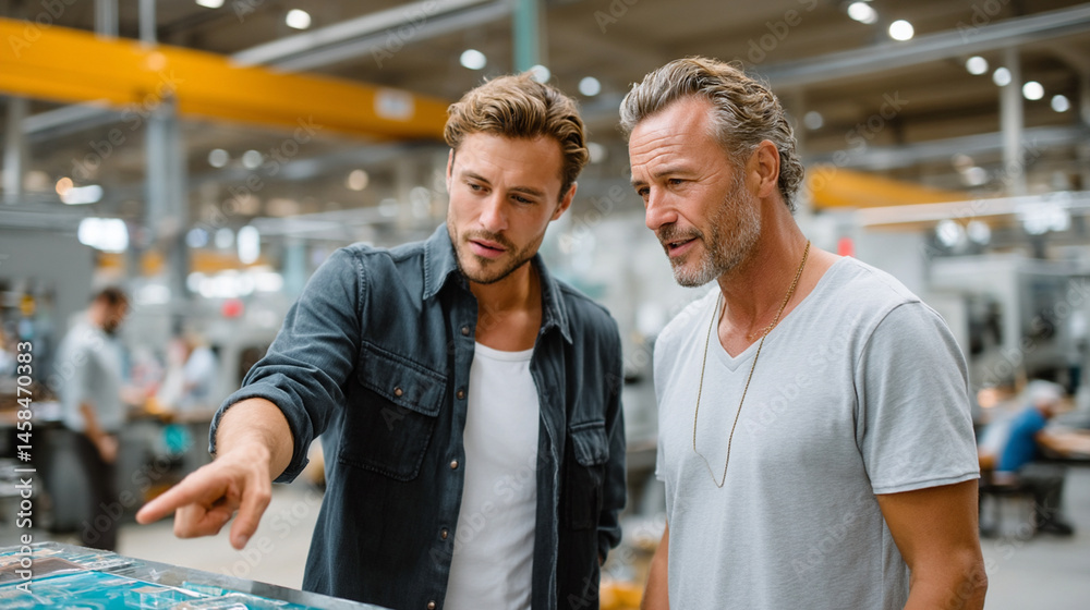Fototapeta premium Two men are engaged in discussion, pointing at display in industrial setting, showcasing collaboration and interest in work environment