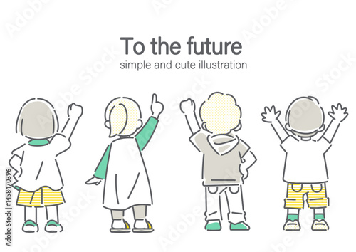 自信を持って挑戦する子供たちの後ろ姿　シンプルでかわいい線画イラスト