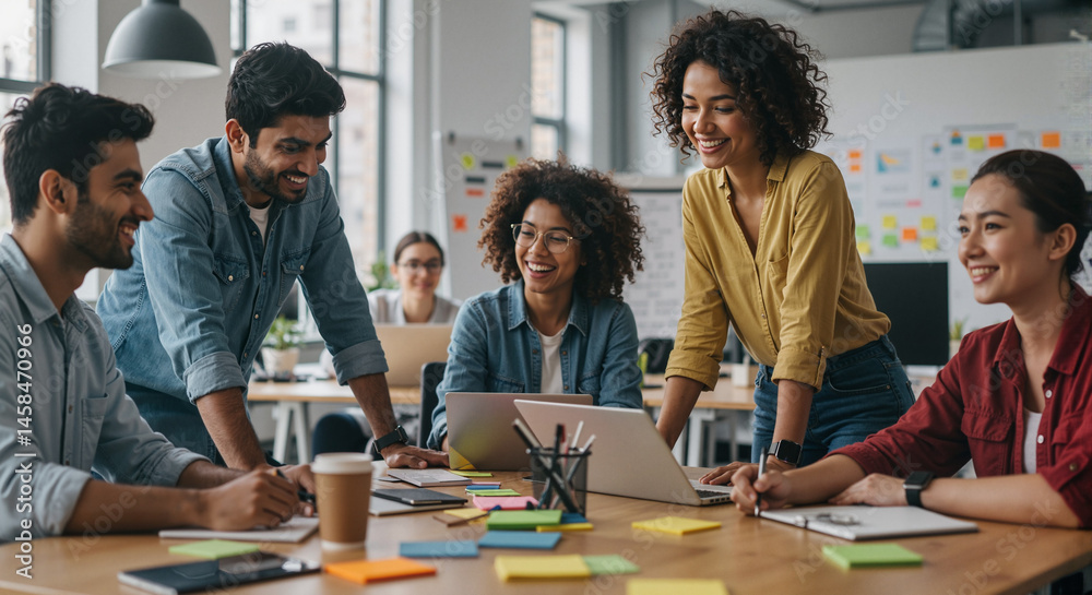 Obraz premium Diverse team collaborating enthusiastically in a modern office 