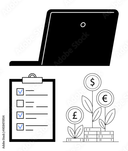 Laptop, checklist with completed tasks, currency plants growing on coin stacks. Ideal for finance, management, planning, productivity, investment, growth concepts simple landing page