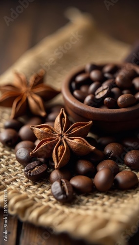 Roasted coffee beans & star anise on burlap, ample copy space, hot, star anise