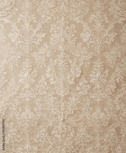 Elegant damask wallpaper, intricate lace pattern in beige and cream , antique, vintage