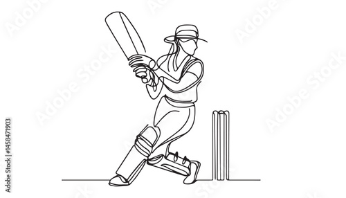 Continuous one single minimal line drawing cricket player