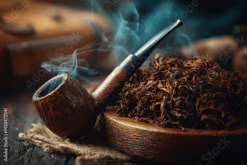 Vintage briar smoking pipe with tobacco and wafts of smoke on rustic wood table surface in soft natural light