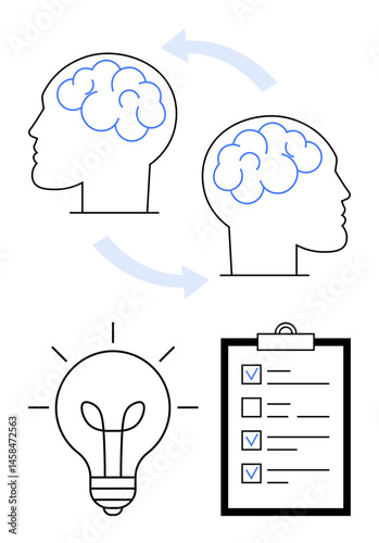 Two heads connected with arrows indicating knowledge sharing, a glowing light bulb signifying ideas, and a checklist with marked tasks. Ideal for innovation, learning, teamwork, problem-solving