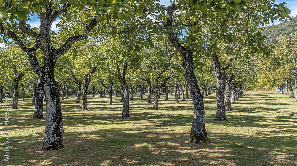 Obraz premium Lush orchard with many fruit trees