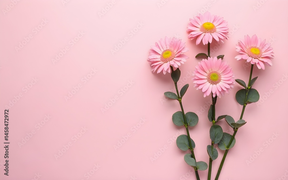 Fototapeta premium Flowers composition. Pink flowers and eucalyptus branches on pink background. Valentines day, mothers day, womens day concept. Flat lay, top view. High quality