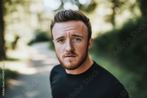 Close-up portrait of a young man with short dark hair and beard in a park setting, looking at camera