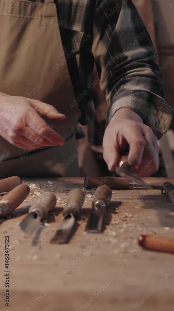 Male professional placing carving tools on workbench in workshop. Gently arranging tools while surrounded by wood shavings and unfinished projects. Soft lighting highlighting wooden surfaces. Male professional placing carving tools on workbench in workshop. Gently arranging tools while surrounded by wood shavings and unfinished projects. Soft lighting highlighting wooden surfaces.