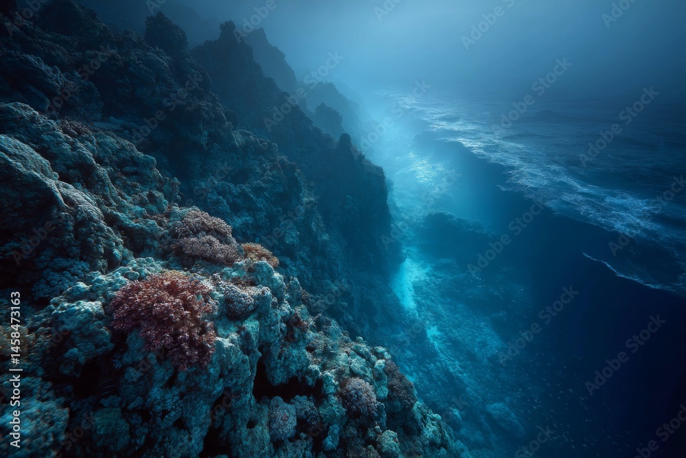 Fototapeta premium Underwater Coral Reef Landscape with Soft Light Hitting the Ocean Surface from Above Creating an Atmospheric Scene