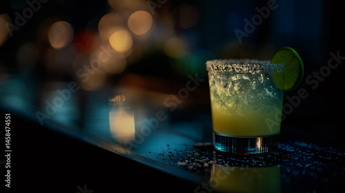 Margarita cocktail garnished with lime and saltiness on a dark bar counter, showcasing its vibrant color