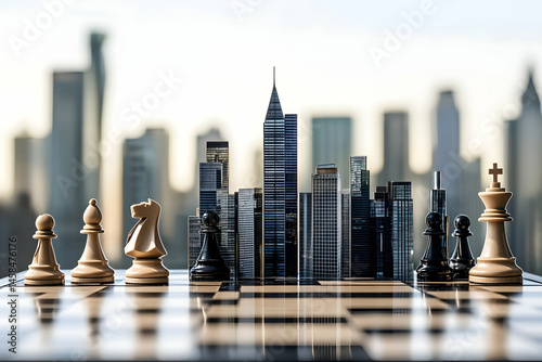 Wallpaper Mural Chess pieces arranged with a cityscape backdrop symbolizing strategy and competition. Torontodigital.ca