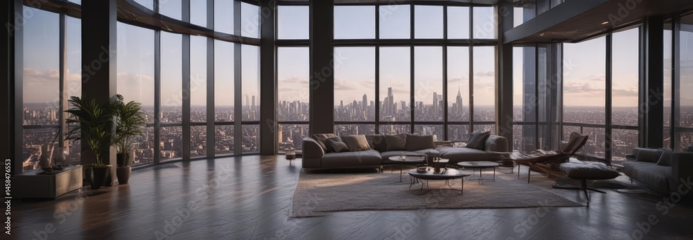 Modern high-rise penthouse, breathtaking cityscape, sunset, exclusive, modern Modern high-rise penthouse, breathtaking cityscape, sunset, exclusive, modern