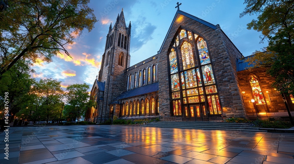 Fototapeta premium Stunning church with stained glass windows under a vibrant sunset sky.