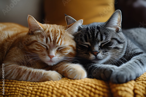 Cozy Companionship: Two Cats Resting Together on Knitted Blanket