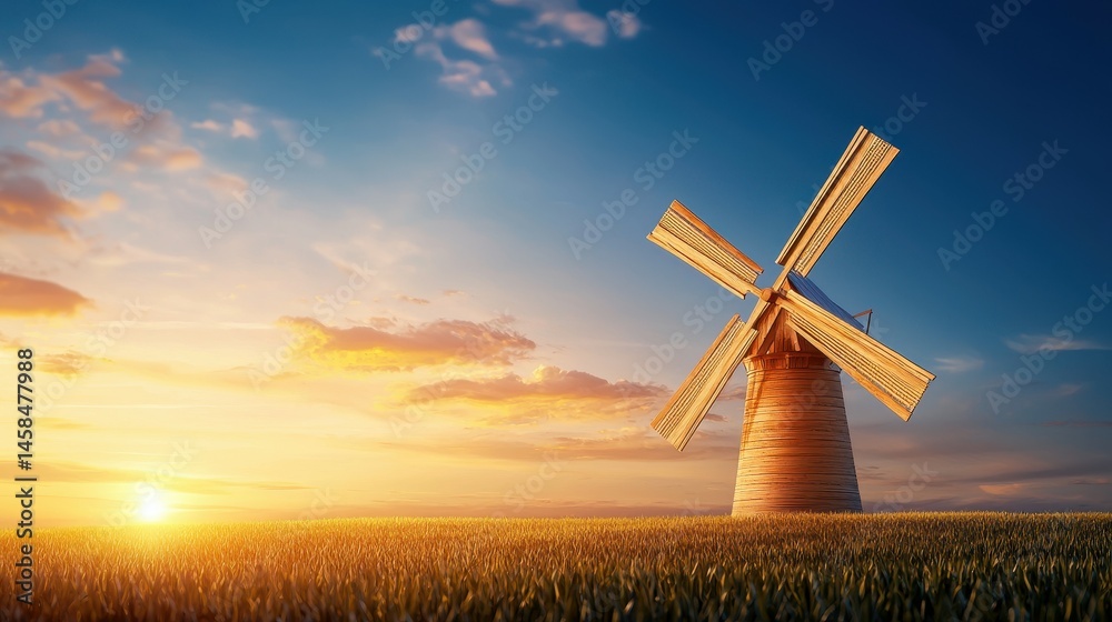 Obraz premium A picturesque windmill stands against a stunning sunset in a serene landscape.