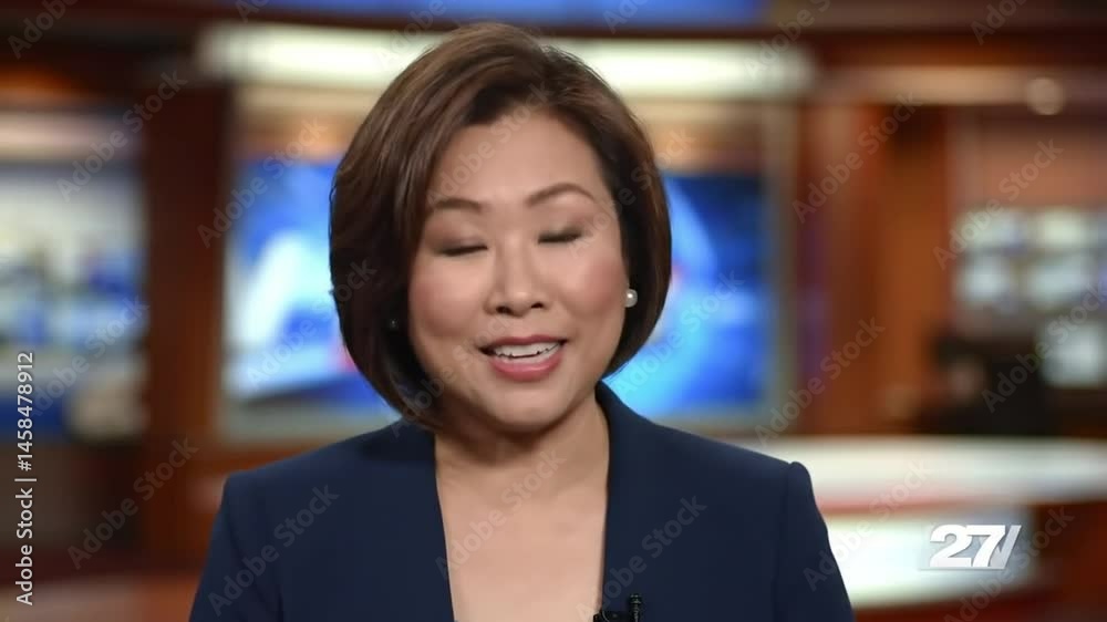 Happy woman present news at evening tv studio closeup. Smiling lady announcer talking. Professional presenter ending broadcast leaving newsroom stage