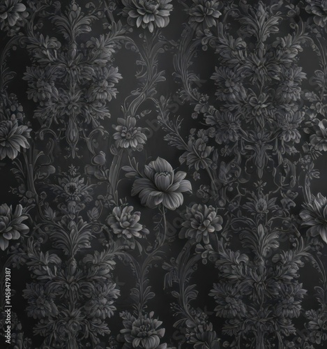 Elegant dark grey floral wallpaper, luxurious texture, intricate pattern, home decor, elegant