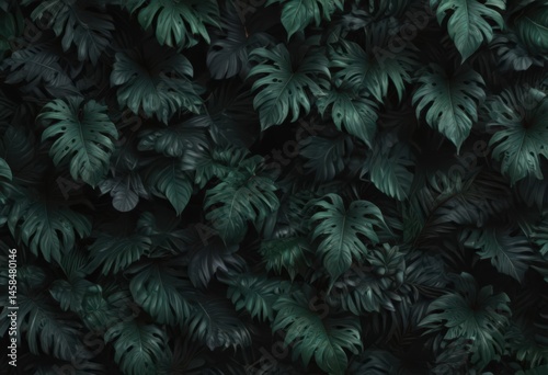 Intricate dark green and black foliage, abstract pattern, bold tropical leaf shapes , illustration, dark green