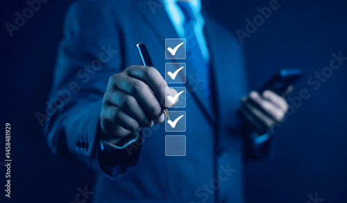 Business Performance Checklist Businessman Using Laptop Doing Online Checklist Survey On Computer Filling Out Digital Form Checklist Survey Doing Assessment Questionnaire Evaluation	
