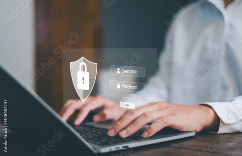 Businessman showing concept of online password privacy on internet. Data security from crime scene. Cyber ​​security technology and data protection on internet.