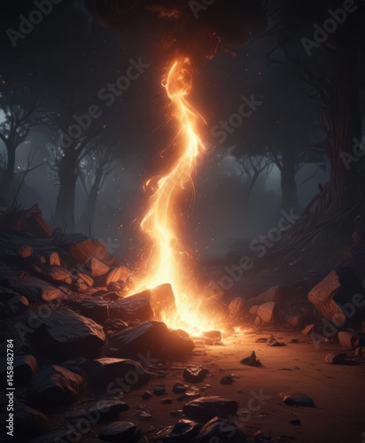 Dark moody scene, fiery sparks illuminate the void, ethereal glow ,  nebula,  design,  magic