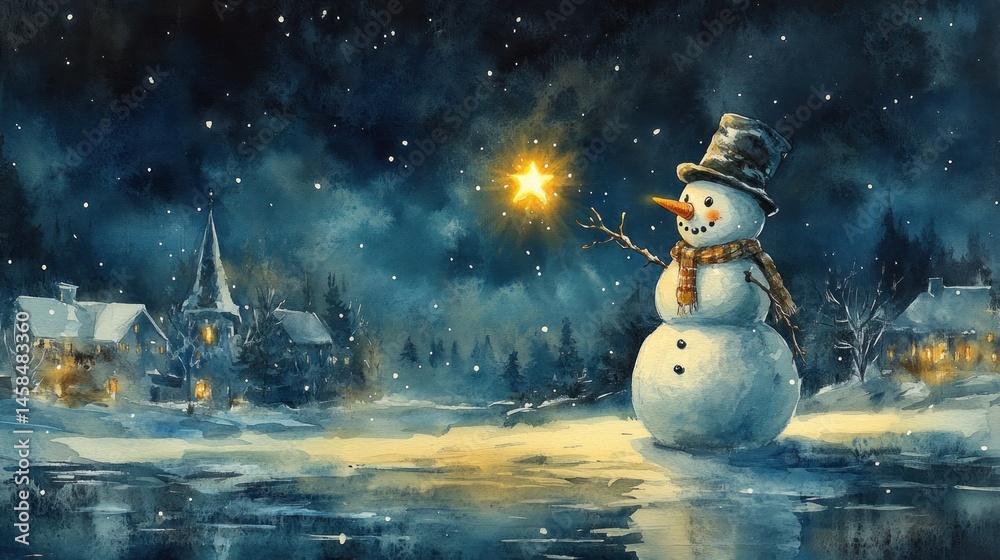 Obraz premium A Magical Winter Night: Snowman's Starry Wish
