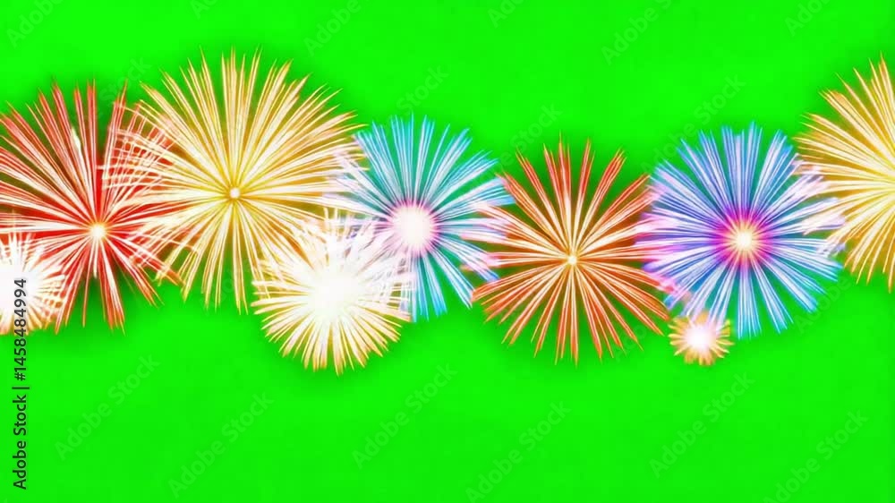 Colorful fireworks on green background for celebration  
