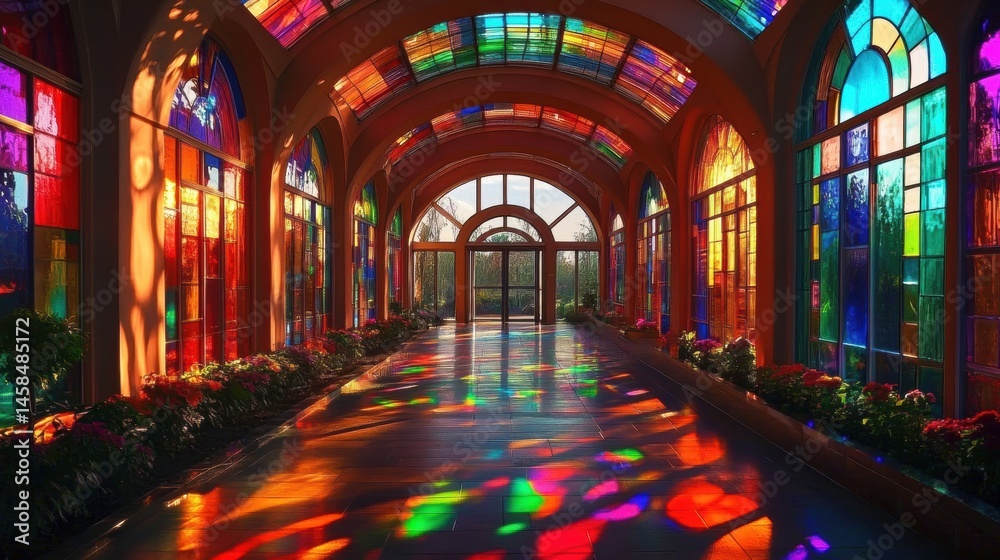 Fototapeta premium Vibrant Arched Corridor with Stained Glass Windows, Colorful Panels, Plant Decor, and Grand Archway View