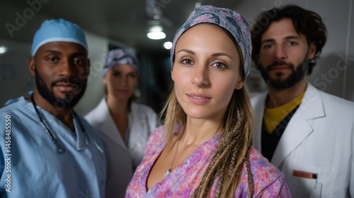Diverse Medical Team in Hospital Setting with Female Doctor and Healthcare Professionals photo
