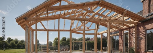 Modern home extension framing, new roof structure, steel, construction site, wood