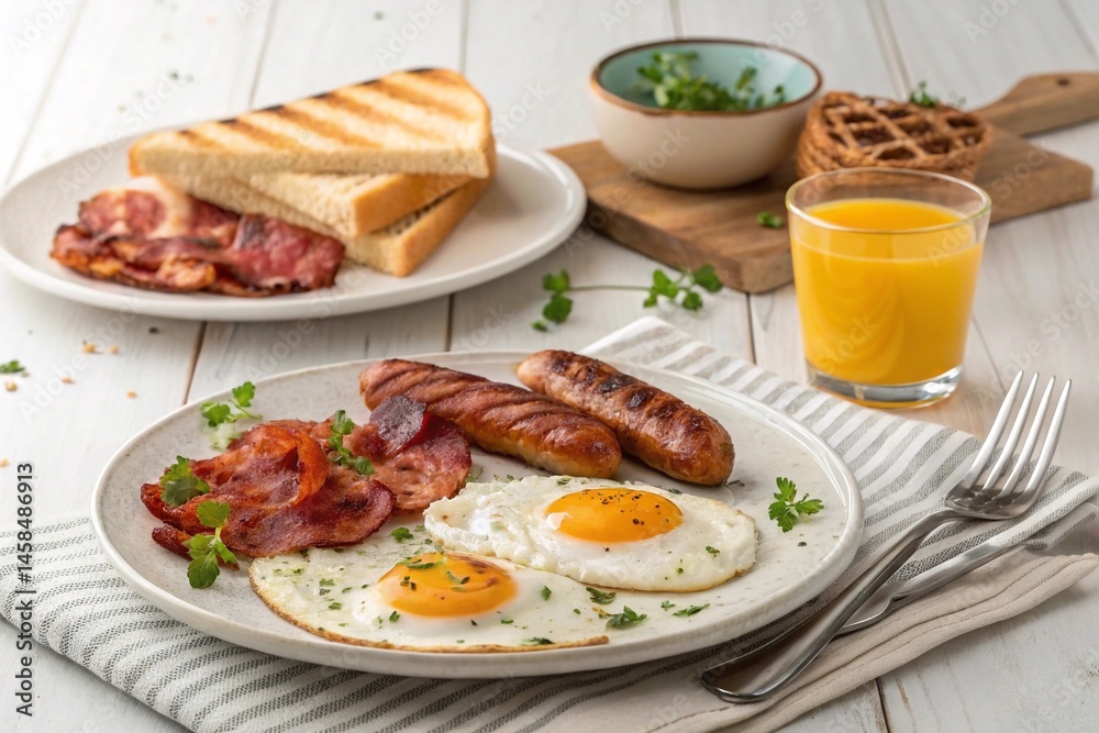 American breakfast: scrambled eggs, bacon, sausages, toast and orange juice in a glass. High quality photo American breakfast: scrambled eggs, bacon, sausages, toast and orange juice in a glass. High quality photo