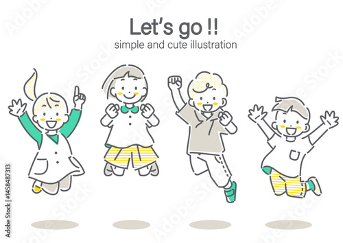 未来へジャンプする子供たち　シンプルでかわいい線画イラスト