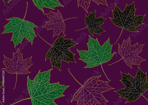 seamless floral pattern, golden, black and green outline hand drawn maple leaves isolated on purple background