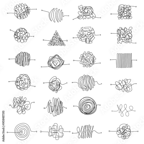 Scribble lines wire mess chaos threading vector shapes isolated