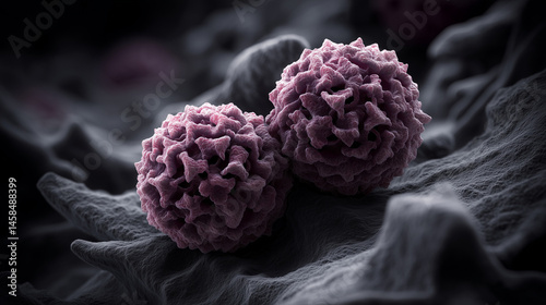 Spherical Herpes Simplex Virus (HSV) particles with an icosahedral capsid surrounded by a lipid envelope under a microscope