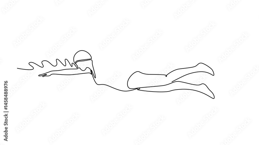 Animated self drawing of continuous line draw female swimmer performing front crawl in outdoor pool. Active woman, swimming technique, fitness, and water sport, healthy. Full length one line animation