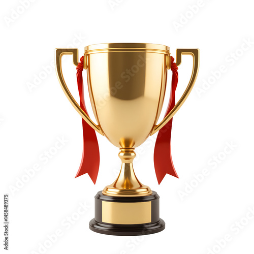 Trophy with shiny gold finish and red ribbon isolated on white background.