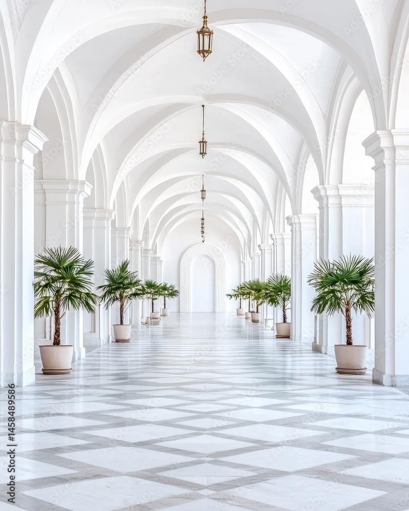 Fototapeta premium Long corridor adorned with pots of palm trees creating a lush and inviting indoor environment for relaxation