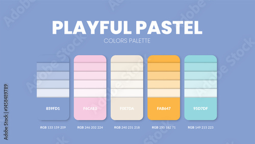 Color palette guide in Playful Pastel colour theme collections. Color inspiration or chart with codes template. Color combination RGB. Colors swatches for graphic design, art, fashion, web or painting