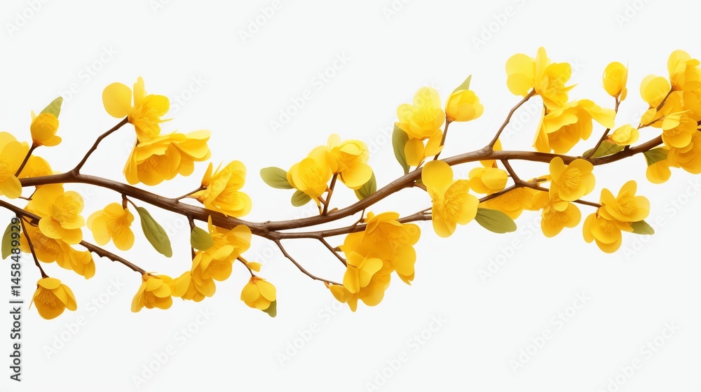 A vibrant branch adorned with bright yellow flowers, isolated against a clean white background. A vibrant branch adorned with bright yellow flowers, isolated against a clean white background.