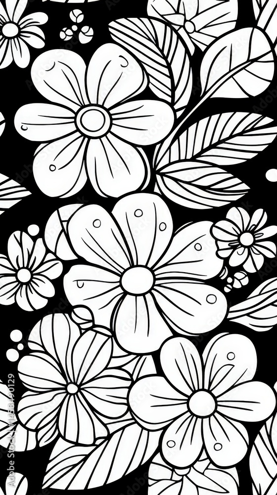 Elegant black and white flower pattern with intricate details perfect for textile or wallpaper design Elegant black and white flower pattern with intricate details perfect for textile or wallpaper design