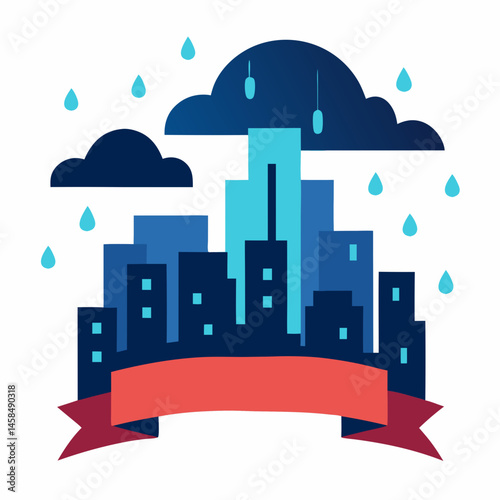 night city skyline.a city skyline in the rain with glowing sale ban