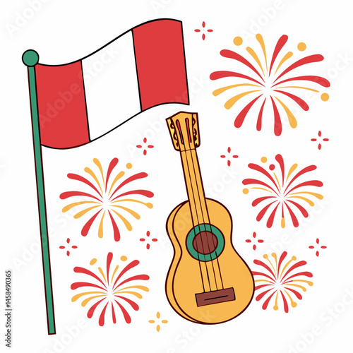 illustration of a guitar and a flower.vector featuring the peruvian flag waving firewo