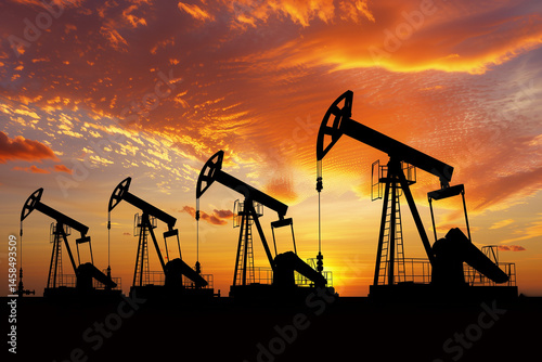 Oil pump jack. Oil industry equipment silhouette against blue sky clouds background