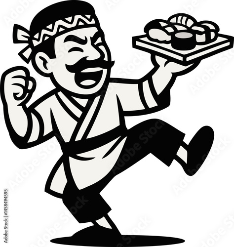 Energetic Chef Joyfully Balances A Tray Of Sushi With An Expressive And Cartoonish Style Figure