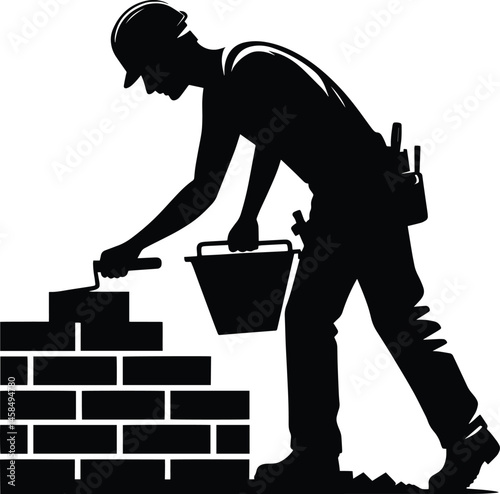 Mason Construction Worker building wall silhouette Vector Illustration isolated on a white background