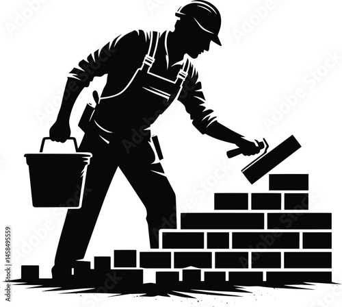 Mason Construction Worker building wall silhouette Vector Illustration isolated on a white background