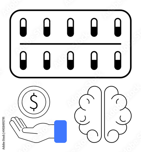 Blister pack of pills, open hand with coin, and brain outline suggesting medication, healthcare cost, mental health, decision-making, financial planning, well-being and frustration. Ideal